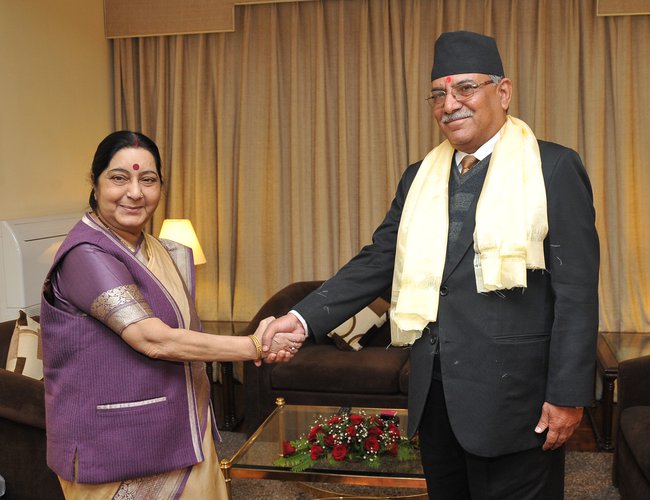 EAM Smt Sushma Swaraj with Chairman of CPN-MC Pushpa Kamal Dahal.jpg