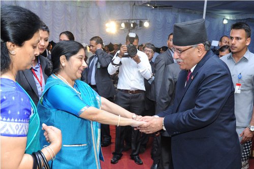 Indian Independence Day Prachanda with Indian External Affairs Minister Swaraj.jpg