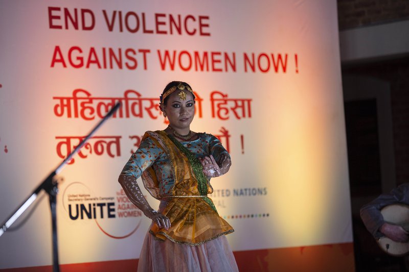 Kathak dancer Subima Shrestha performing the life experience of domestic violence survivor during the launch of the 16 Days campaign in Patan Museum.jpg