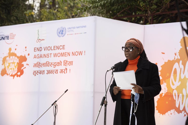 The UN Resident Coordinator in Nepal Sara Beysolow Nyanti speaking at the launch of the 16 Day campaign in Patan Museum.jpg