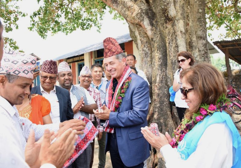 US Ambassador Mr. Randy Berry being greeted at a local school in Damak, Jhapa district..jpg